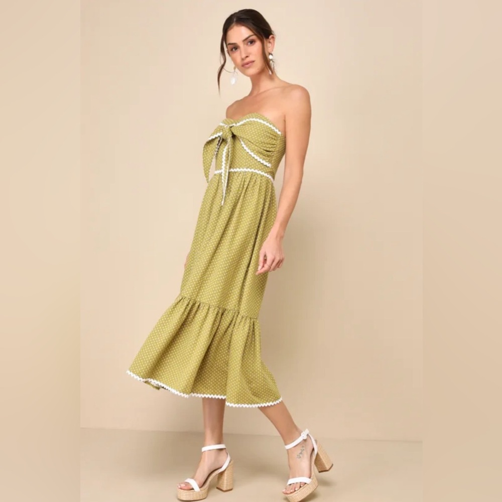 Lulu's Olive Green and White Patterned Dress  strapless bow ( NWT)